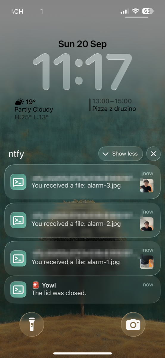 A phone lock screen showing ntfy notifications: three photographs from the alarm, and a message from Yowl reading The lid was closed