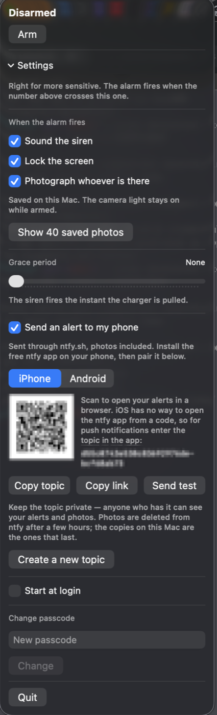 The Yowl settings panel: responses, saved photographs, grace period, phone alerts with a pairing code, start at login, passcode